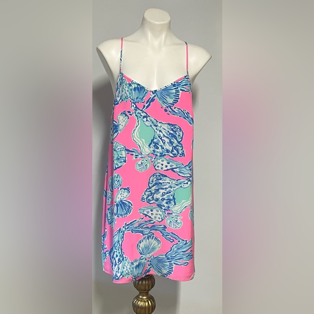 Lilly Pulitzer 100% Silk Pink with Blue Shells Patterned Dress Size L
